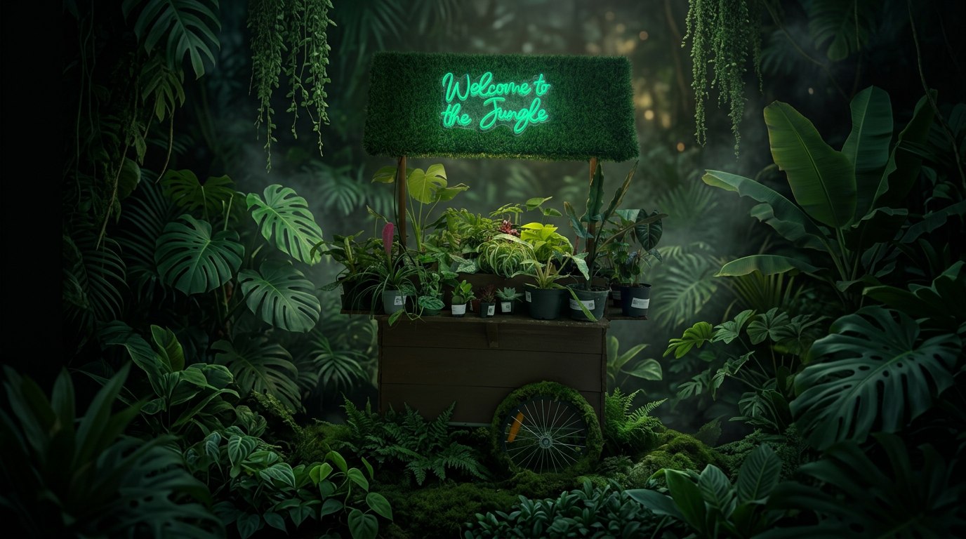 The Electric Jungle mobile plant cart with a glowing green &lsquo;Welcome to the Jungle&rsquo; neon sign, in a lush dark jungle